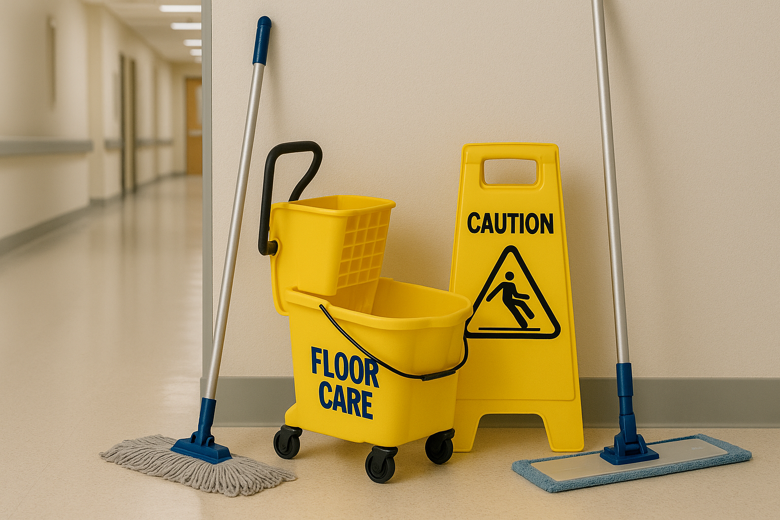 Hospital corridor floor care supplies with mop bucket, caution sign and floor cleaning tools
